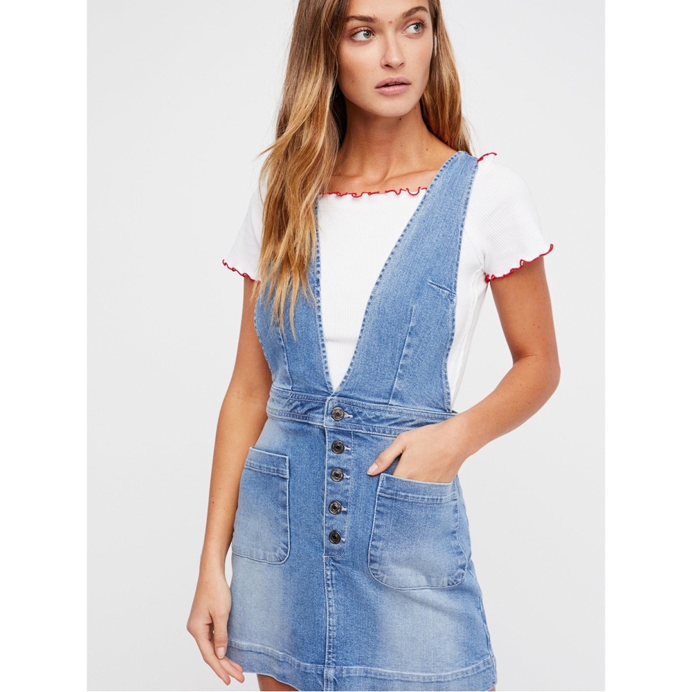 Free People Denim Overall Dress Old School Love Retro  Button Jumper Mini.
